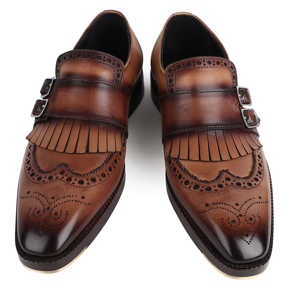Men’s Tan Brown Leather Double Monk Strap Brogue Shoes | Premium Formal Buckle Dress Shoes