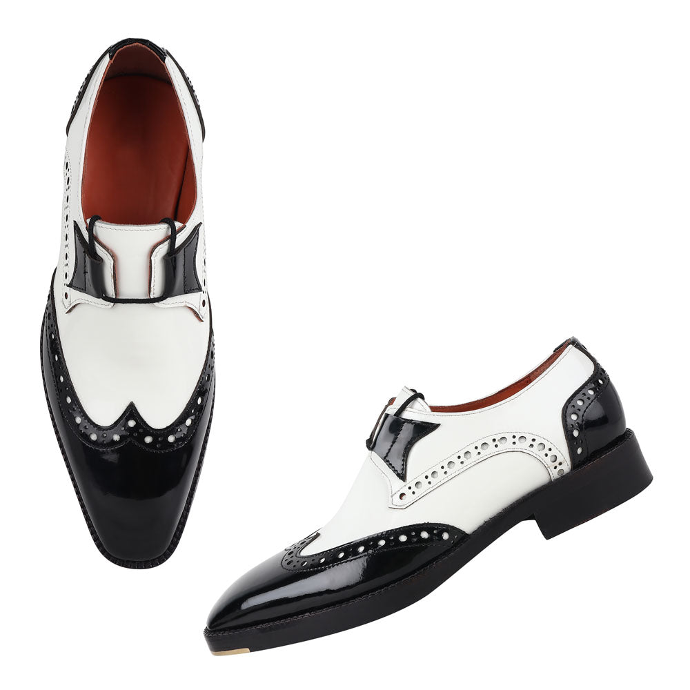 Men’s Black & White Leather Monk Strap Shoes | Premium Two-Tone Brogue Formal Shoes