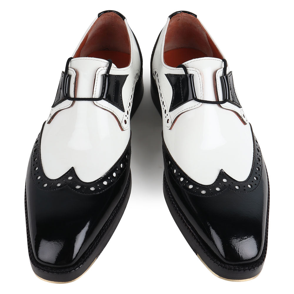 Men’s Black & White Leather Monk Strap Shoes | Premium Two-Tone Brogue Formal Shoes