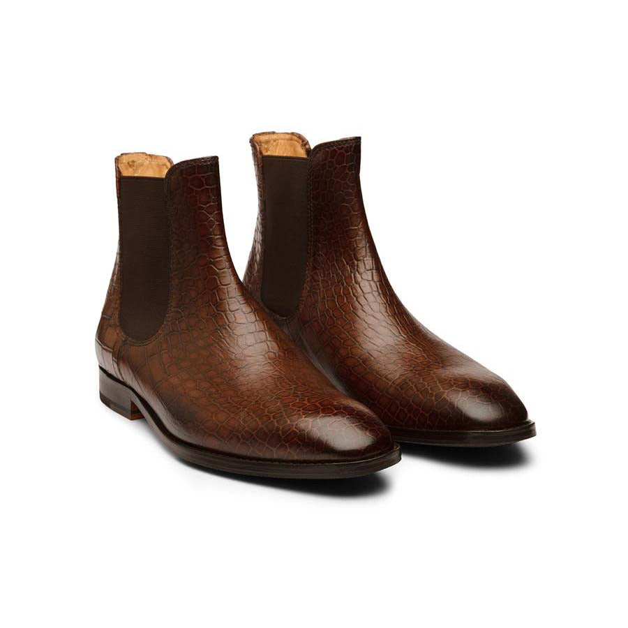 Men’s brown crocodile textured leather Chelsea ankle boots with elastic side panels