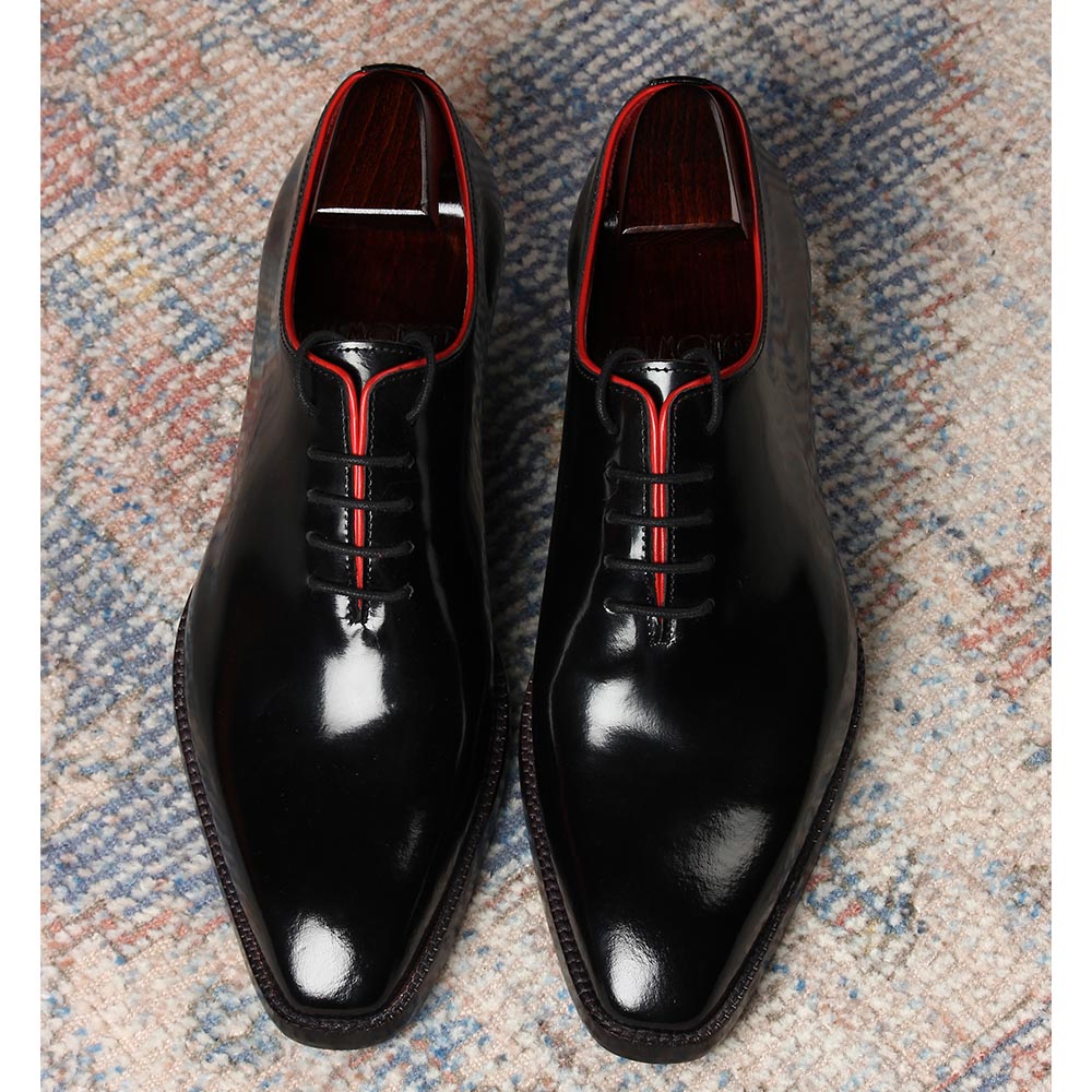 Men’s black leather lace-up oxford shoes with premium finish and stacked heel – formal office footwear for men