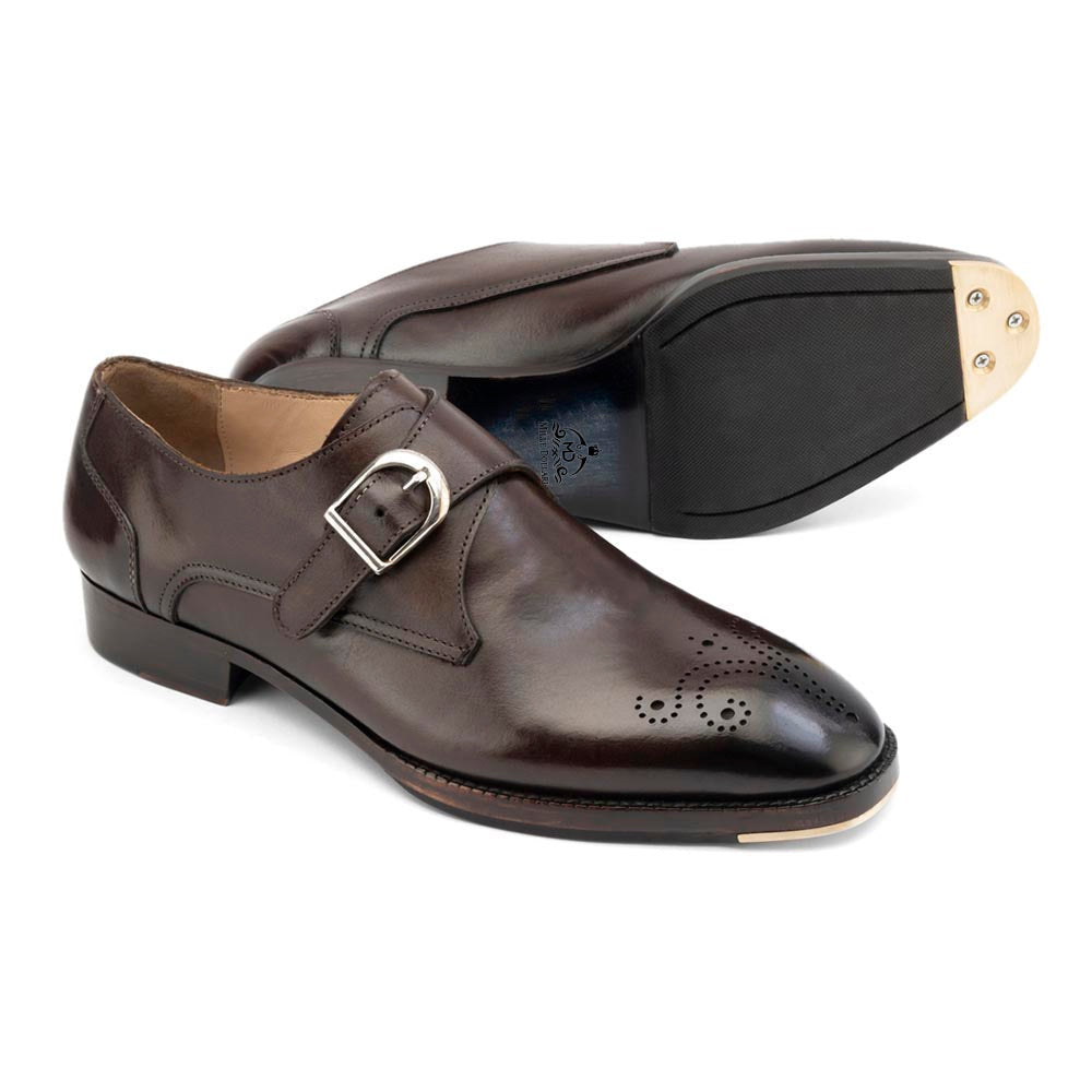 Men’s Dark Brown Leather Monk Strap Shoes | Premium Single Buckle Brogue Formal Shoes