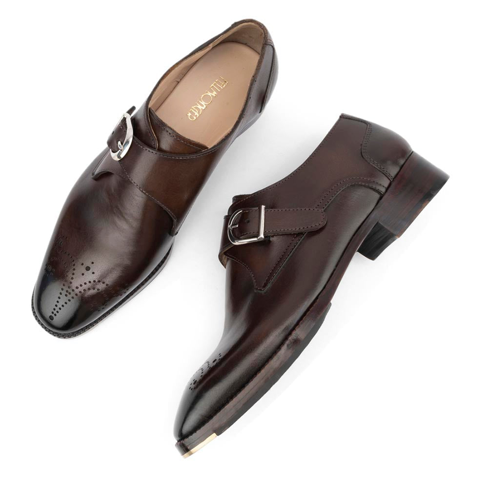 Men’s Dark Brown Leather Monk Strap Shoes | Premium Single Buckle Brogue Formal Shoes