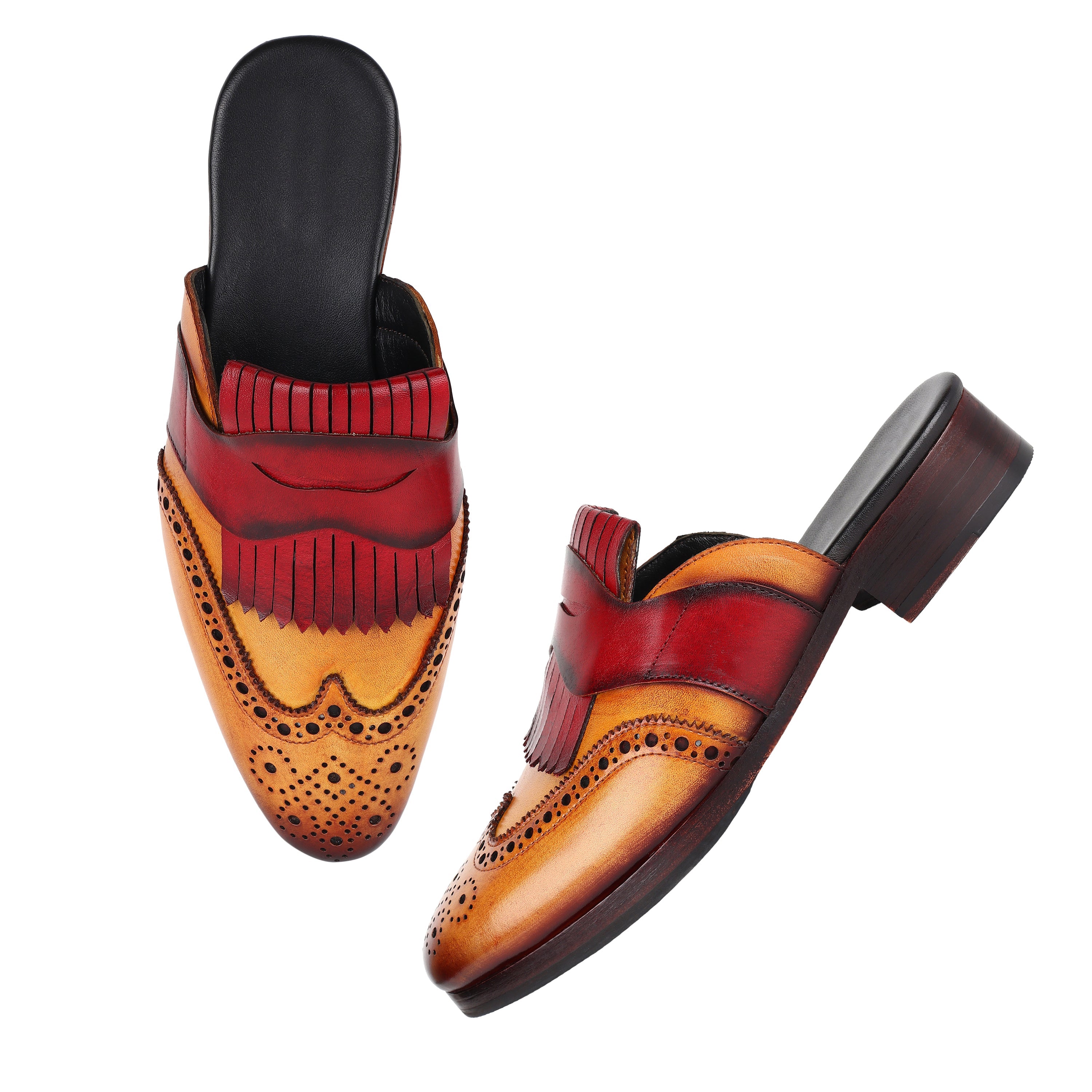 Men’s Tan & Burgundy Two-Tone Leather Kiltie Tassel Brogue Loafers | Premium Formal Slip-On Shoes