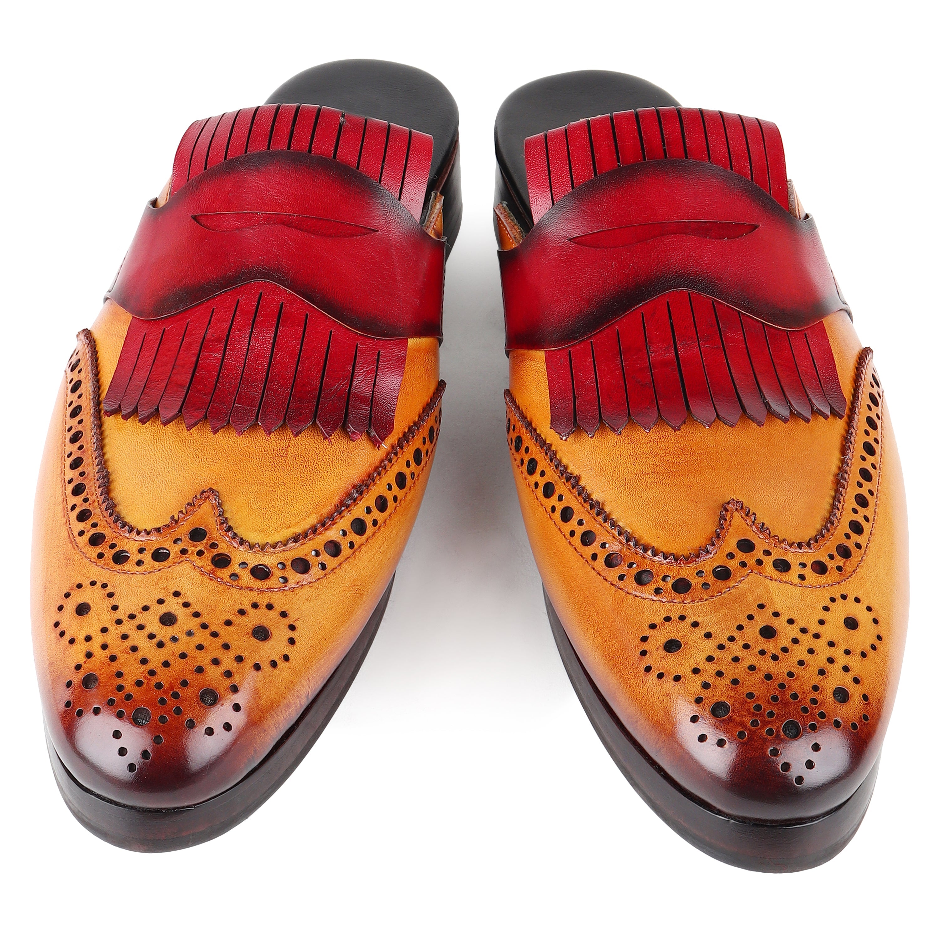 Men’s Tan & Burgundy Two-Tone Leather Kiltie Tassel Brogue Loafers | Premium Formal Slip-On Shoes