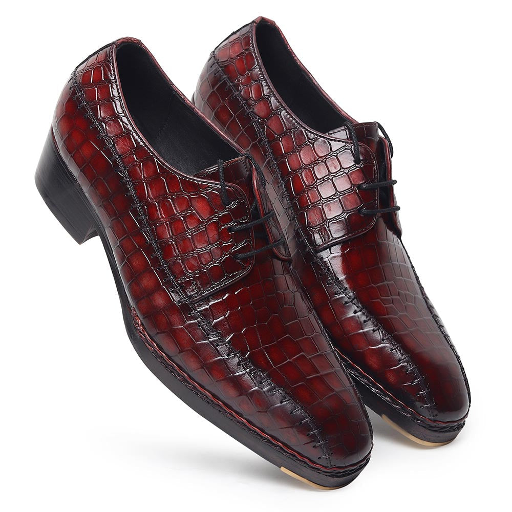 Men’s Burgundy Crocodile Embossed Leather Lace-Up Shoes | Luxury Formal Derby Shoes