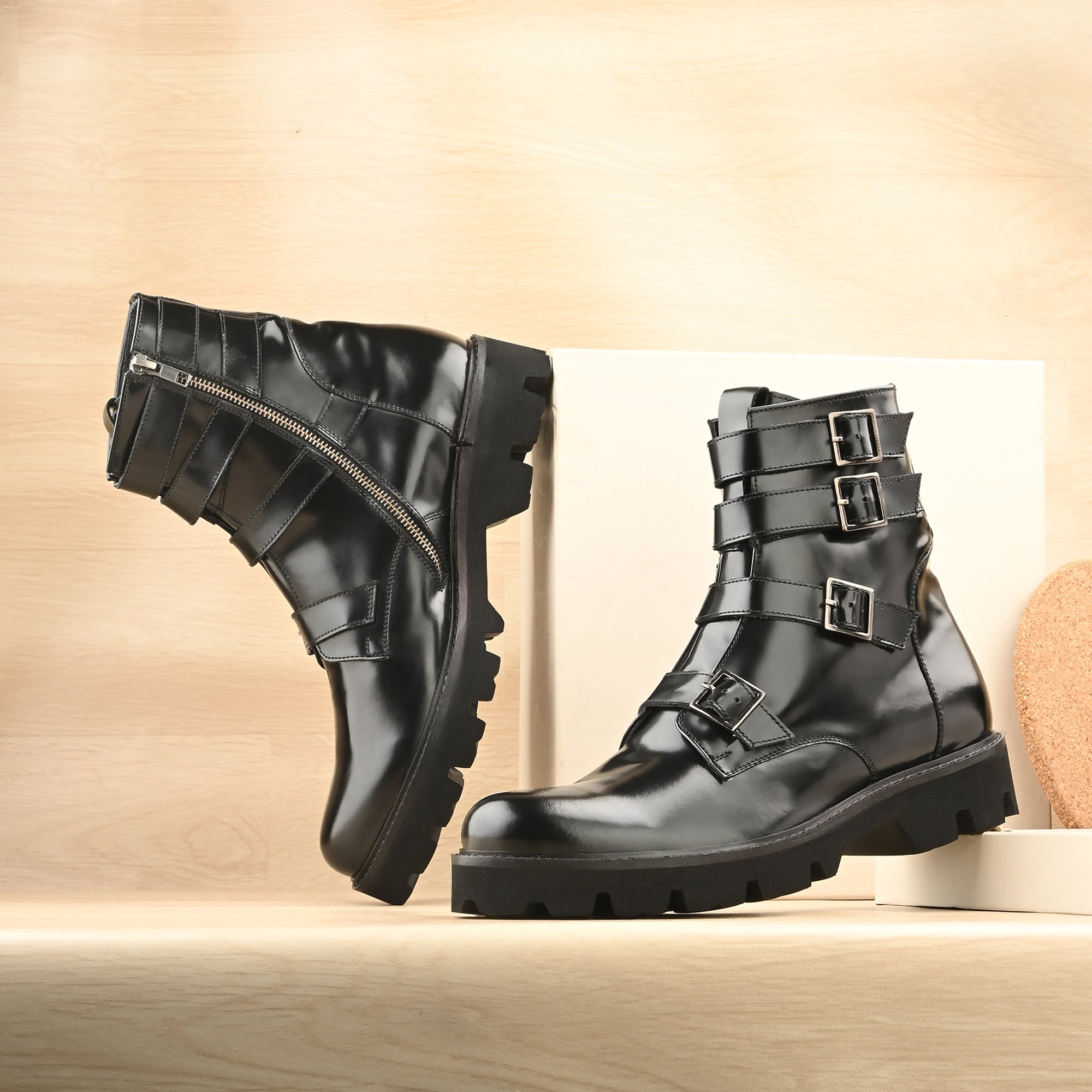 Men’s Black Leather Buckle Boots – Heavy-Duty Combat Style High Ankle Boots