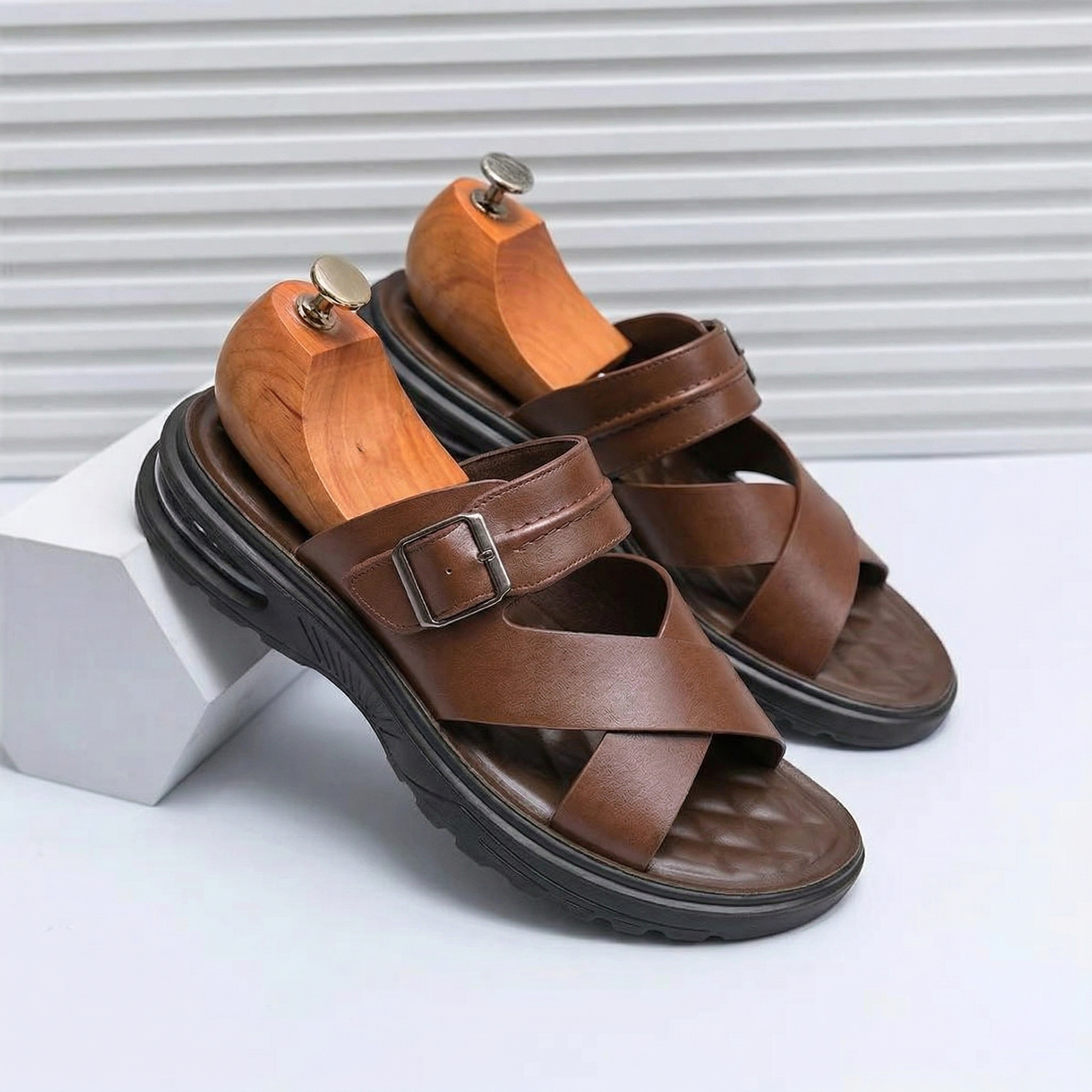 Brown Cross Strap Comfort Sandals with Adjustable Buckle for Men