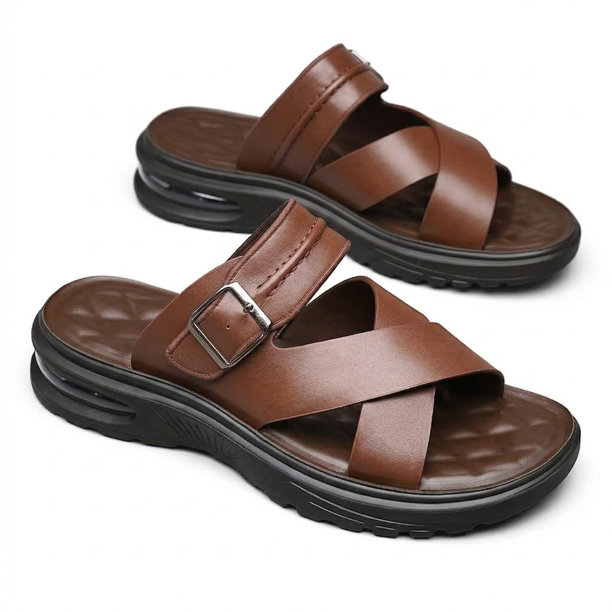 Brown Cross Strap Comfort Sandals with Adjustable Buckle for Men