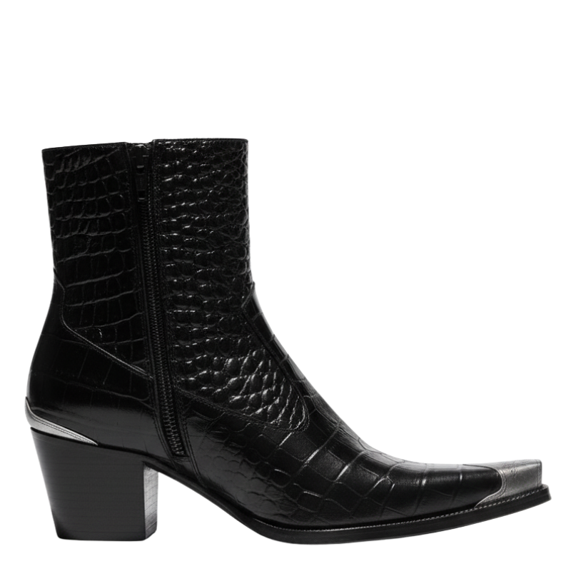 Men's Black Croc Embossed Leather Chelsea Boots with Cuban Heel
