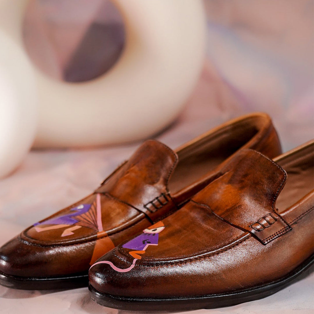 Premium Brown Hand-Painted Leather Penny Loafers with Artistic Bird Design
