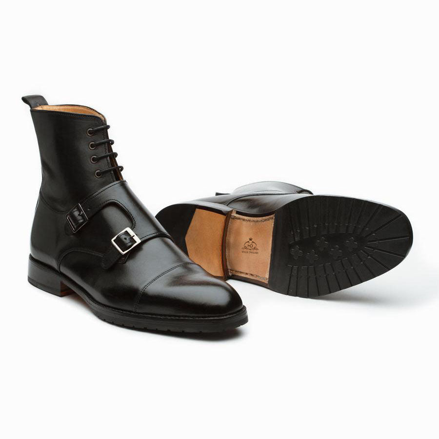 Men’s Black Leather Lace-Up Ankle Boots with Buckle | Premium Formal & Casual Boots