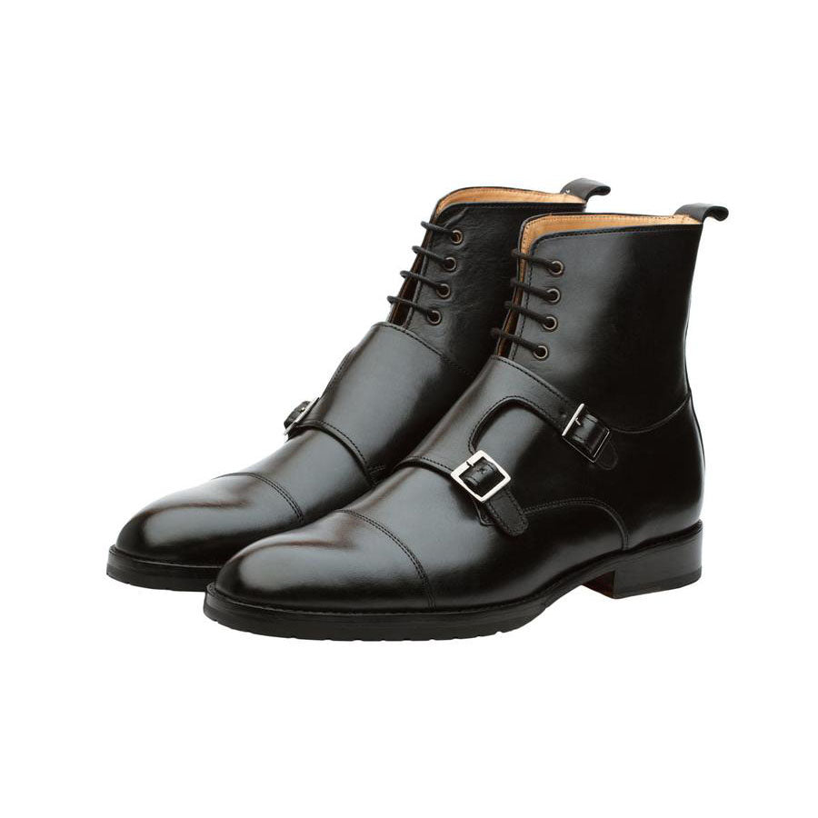 Men’s black leather lace-up ankle boots with buckle strap and premium finish