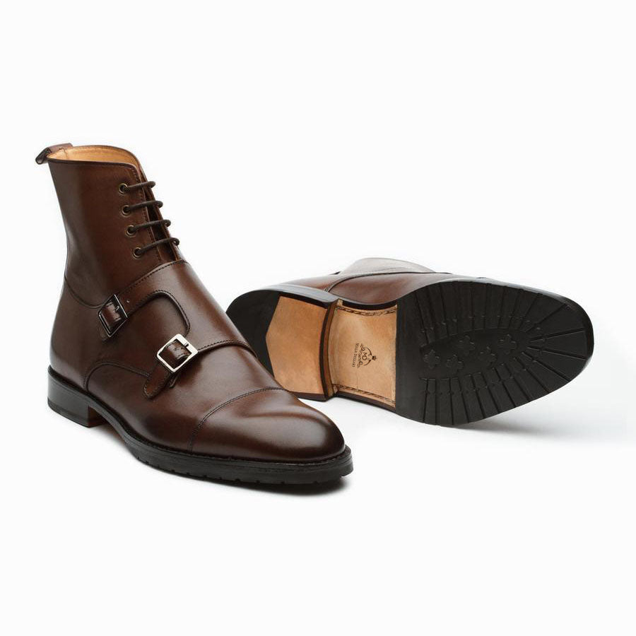 Men’s Brown Leather Monk Strap Boots – Handmade Ankle Dress Boots