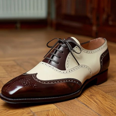 "Evadne Two-Tone Brogue Oxfords – Brown & White Leather Wingtip | Summer Formal Collection"