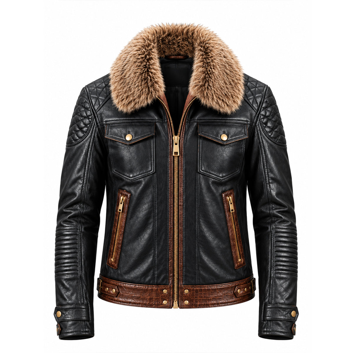 Men’s black leather jacket with brown accents, quilted detailing, zippered pockets, and fur collar