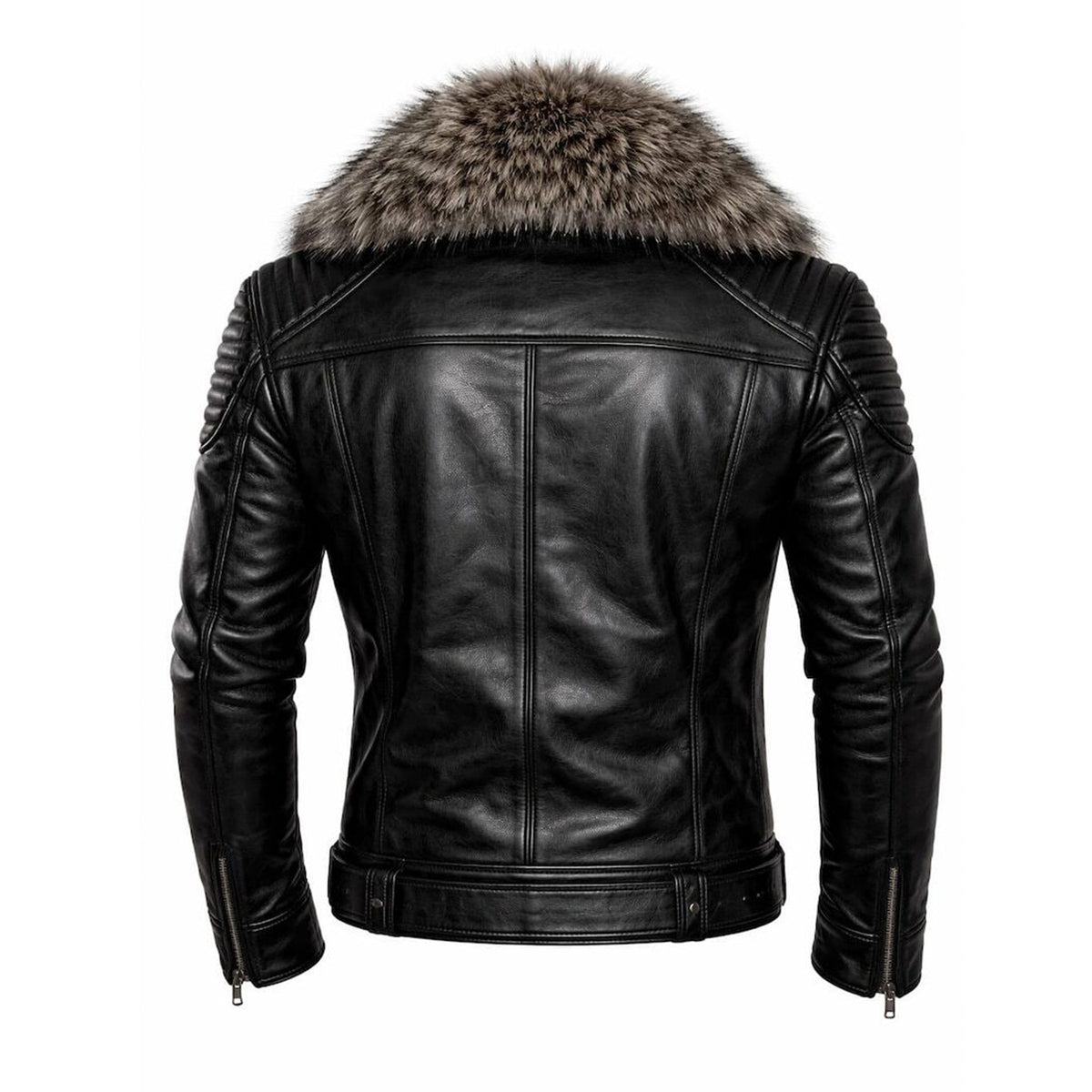 Men’s Black Leather Jacket with Fur Collar | Quilted Motorcycle Jacket