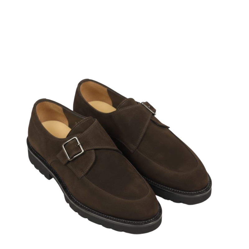 Men’s brown leather monk strap shoes with buckle closure formal footwear.
