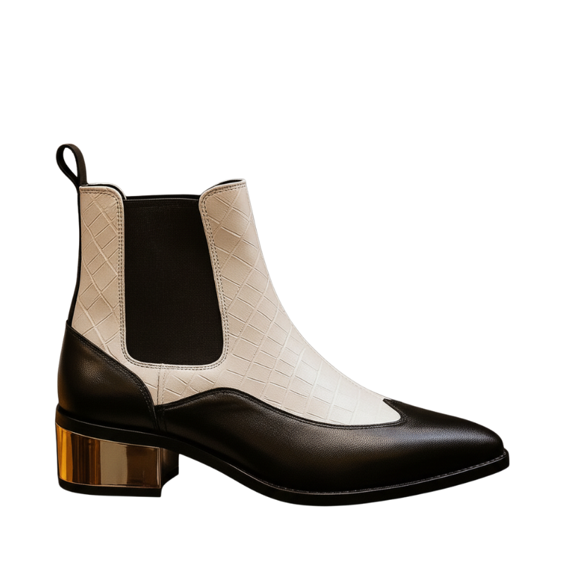 Black & Beige Croc-Textured Block Heel Ankle Boots for Women