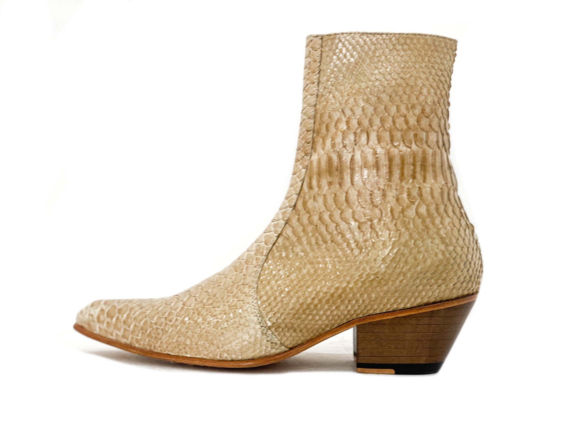 Men’s Beige Python Leather Ankle Boots | Exotic Snakeskin Texture | Premium Side Zip Luxury Boots