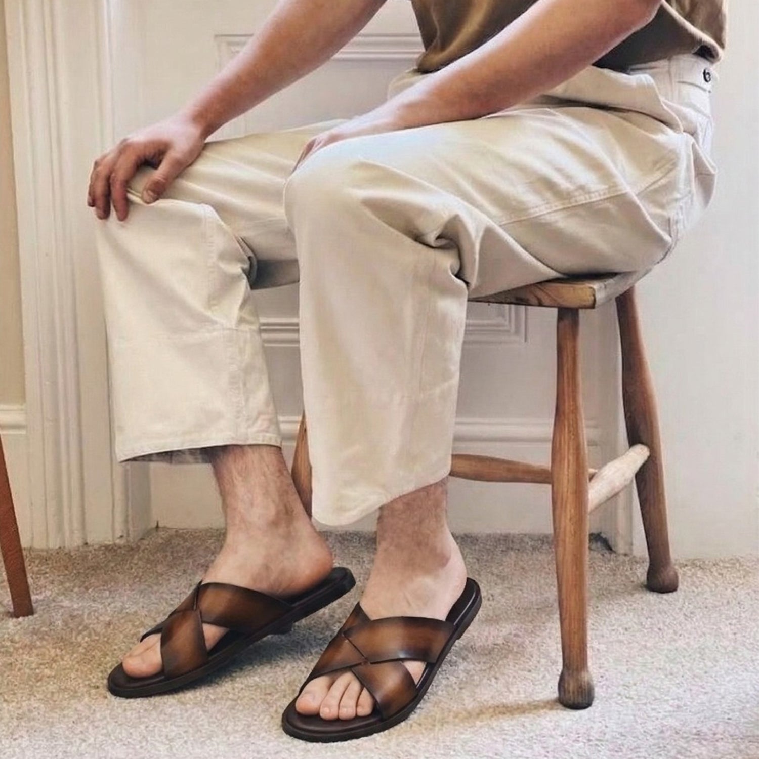 Premium Brown Leather Cross Strap Slip-On Sandals for Men