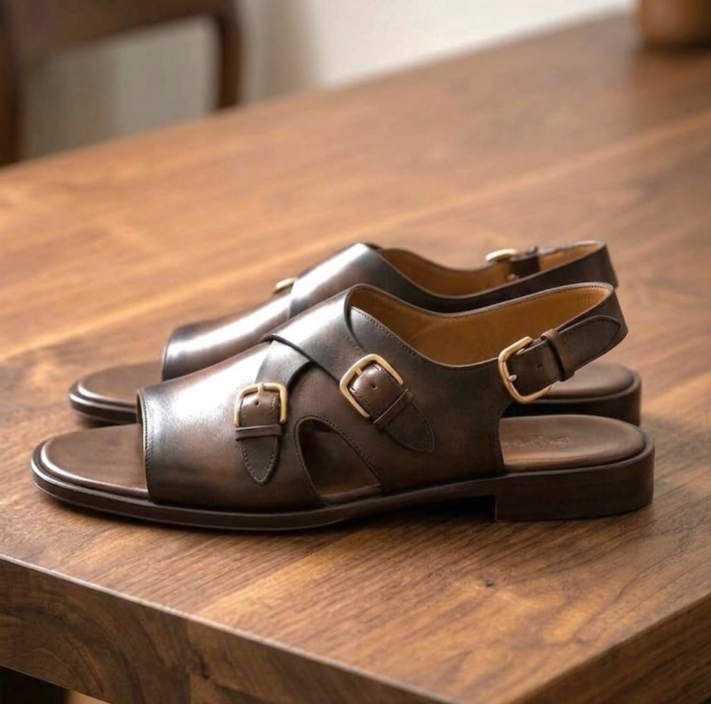 Men's Brown Leather Monk Strap Sandals | Premium Handmade Slingback Sandals
