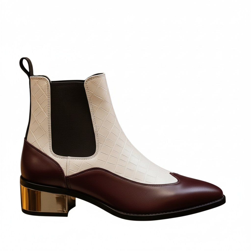 Burgundy & Beige Croc-Textured Block Heel Ankle Boots for Women