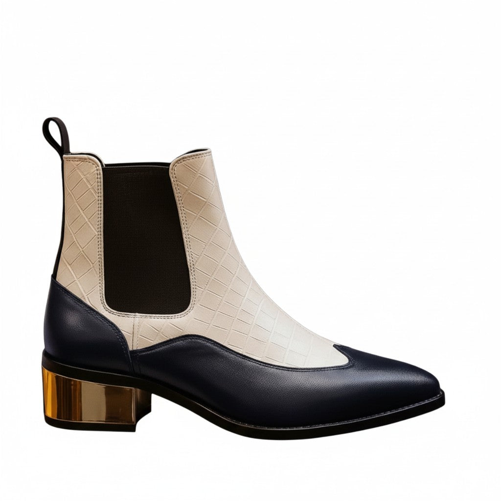 Navy Blue & Beige Croc-Textured Block Heel Ankle Boots for Women