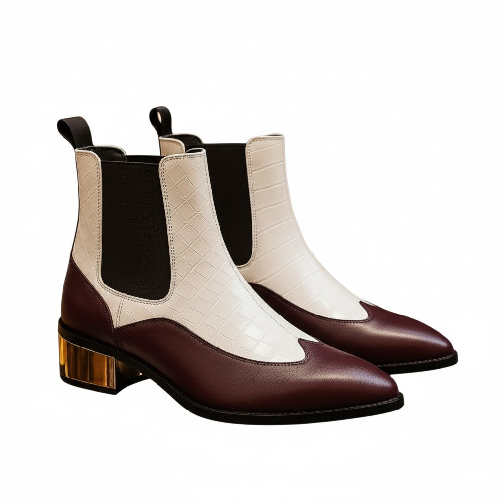 Burgundy and beige croc-textured pointed toe ankle boots with block heel for women.