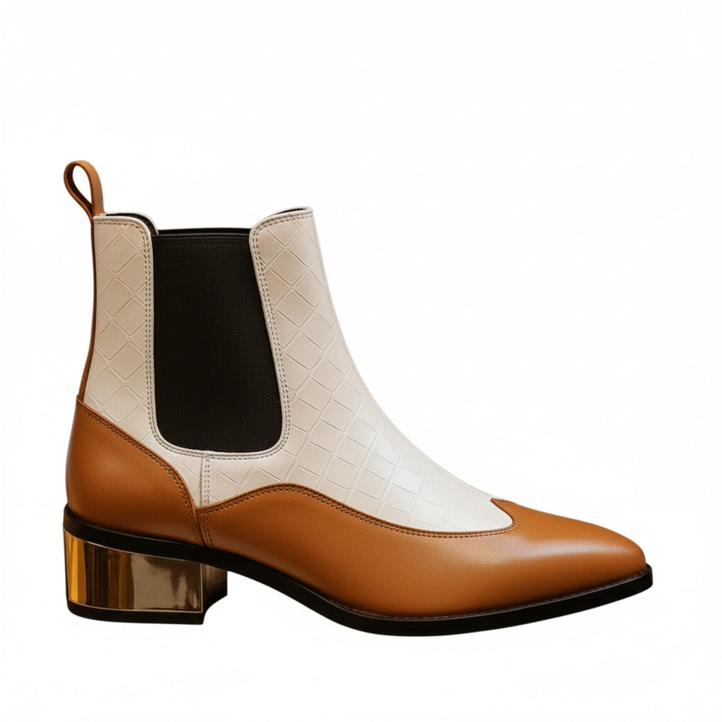 Tan Brown & Beige Croc-Textured Block Heel Ankle Boots for Women