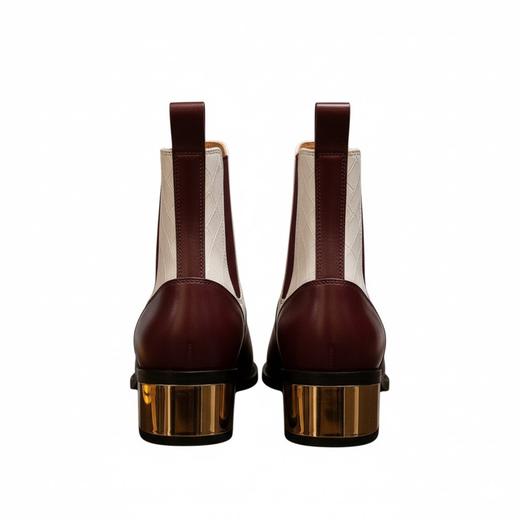 Burgundy & Beige Croc-Textured Block Heel Ankle Boots for Women