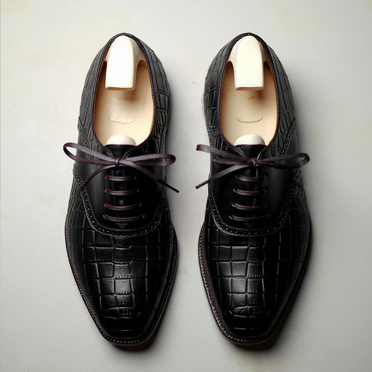 Men's Black Crocodile Pattern Derby Shoes | Brogue Lace-Up Formal Shoes