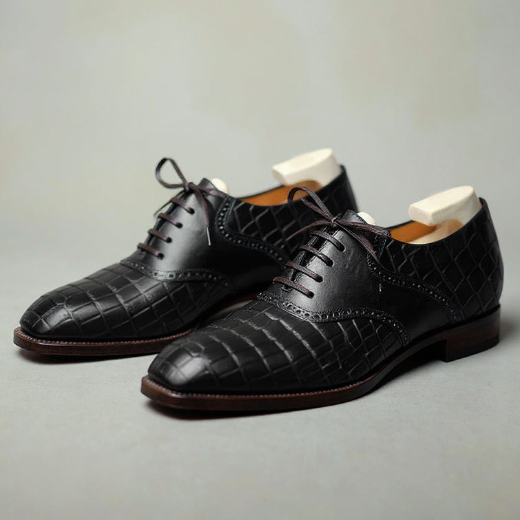 Men's Black Crocodile Pattern Derby Shoes | Brogue Lace-Up Formal Shoes