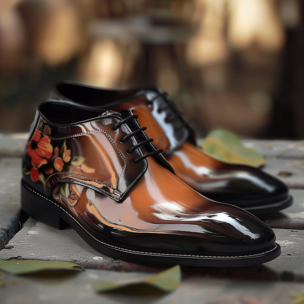 Hand-painted brown leather Oxford dress shoes with floral artwork and glossy finish displayed outdoors.