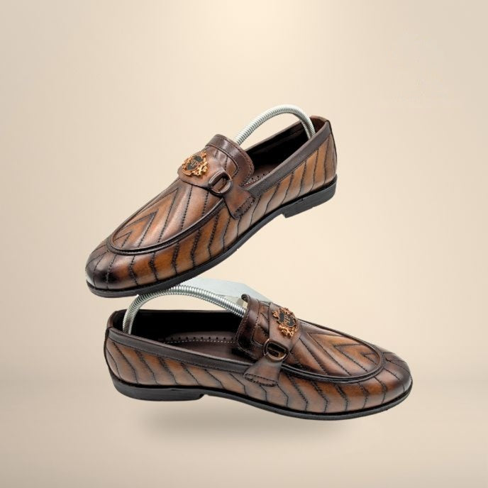 Men’s brown textured leather loafers with metal buckle slip-on formal shoes.