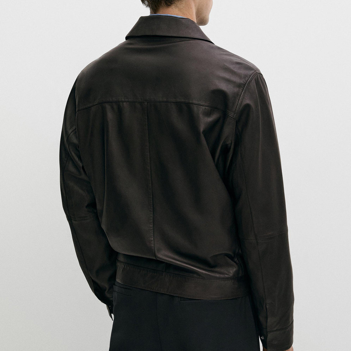 Men’s Dark Brown Leather Jacket – Full Zip Shirt Collar Jacket with Chest Pocket