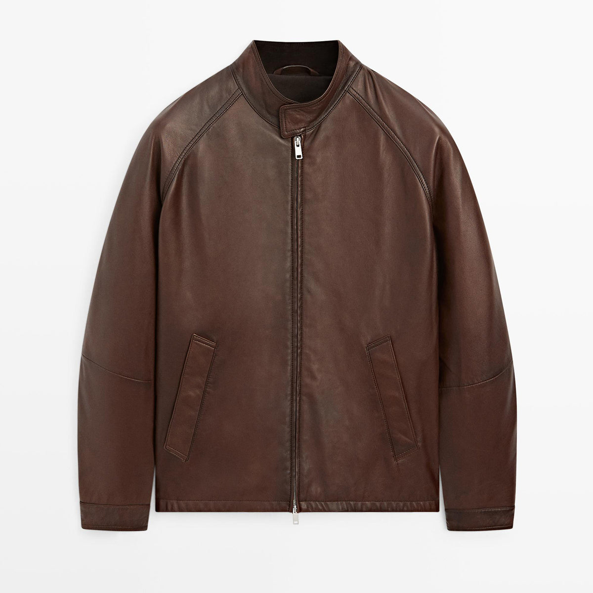 Men’s brown leather jacket with stand collar, full zip closure and angled front pockets