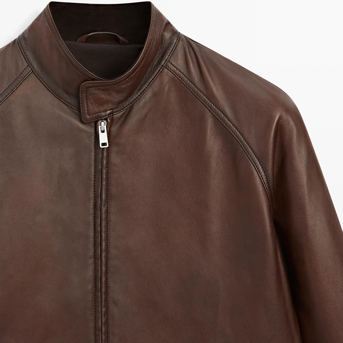 Men’s Brown Leather Jacket – Stand Collar Full-Zip Casual Jacket with Pockets