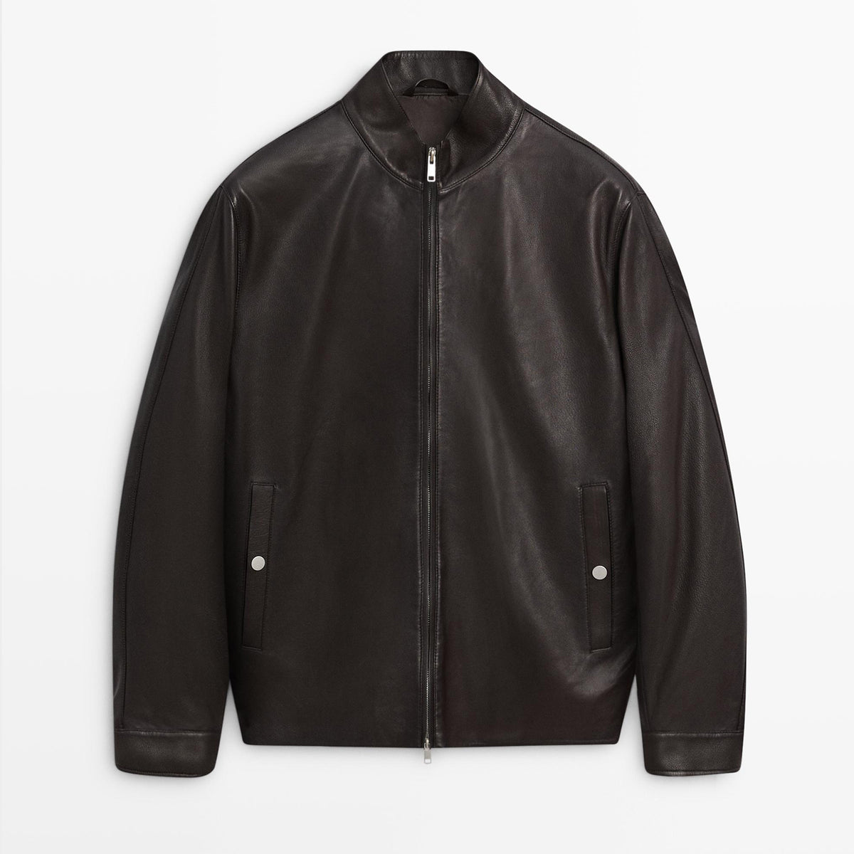 Men’s black genuine leather jacket with stand collar, full zip closure and side pockets