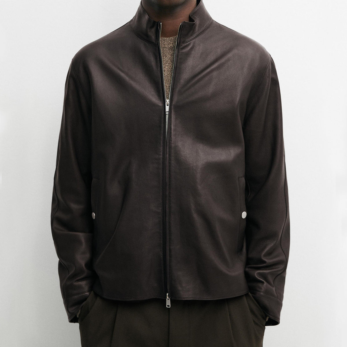 Men’s Genuine Leather Jacket – Black Stand Collar Zip-Up Casual Jacket