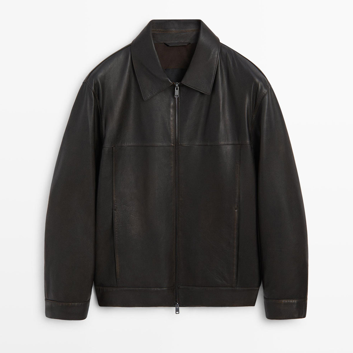 Men’s black leather jacket with wide spread collar, full zip closure and horizontal panel detailing