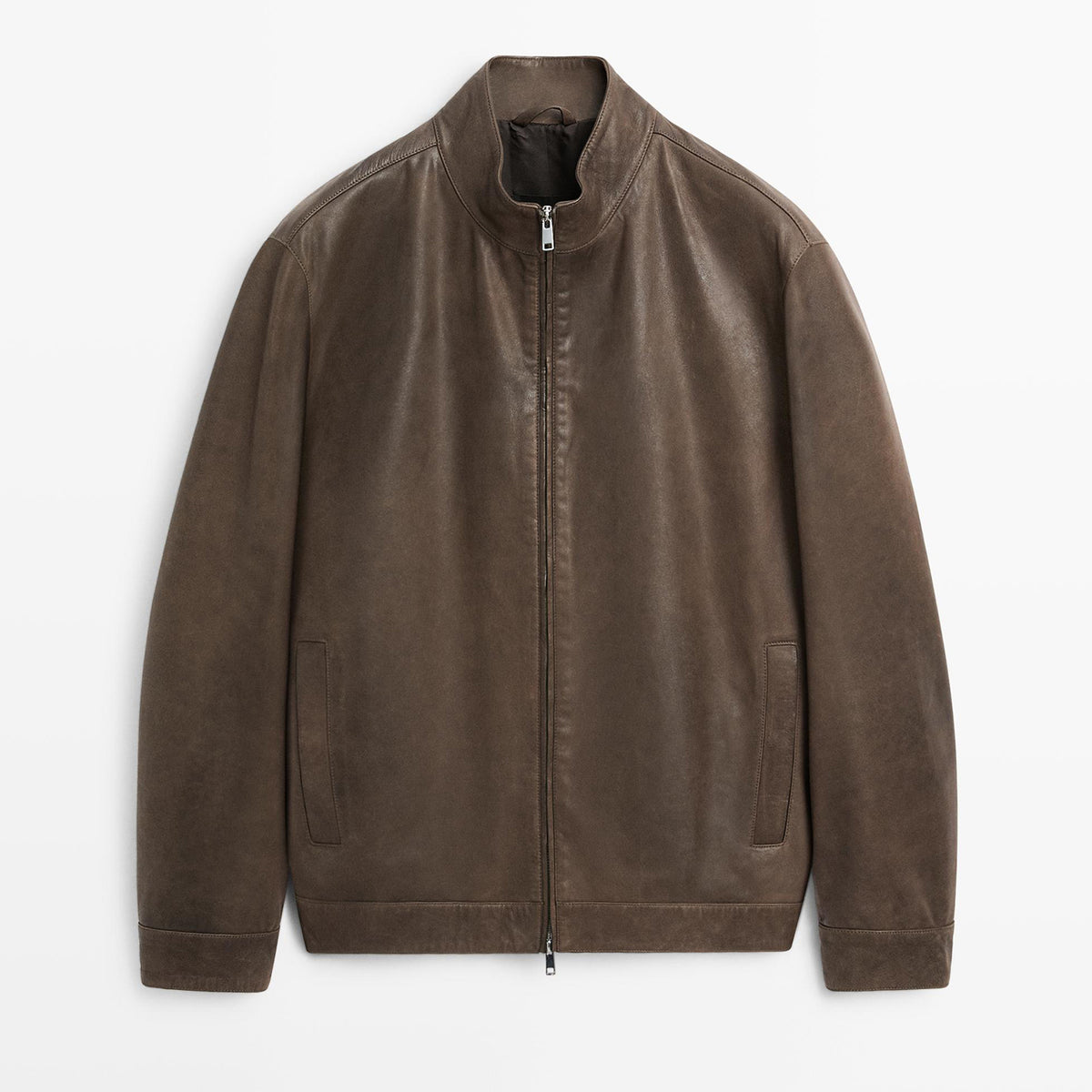 Men’s brown leather jacket with stand collar, full zip closure and side pockets