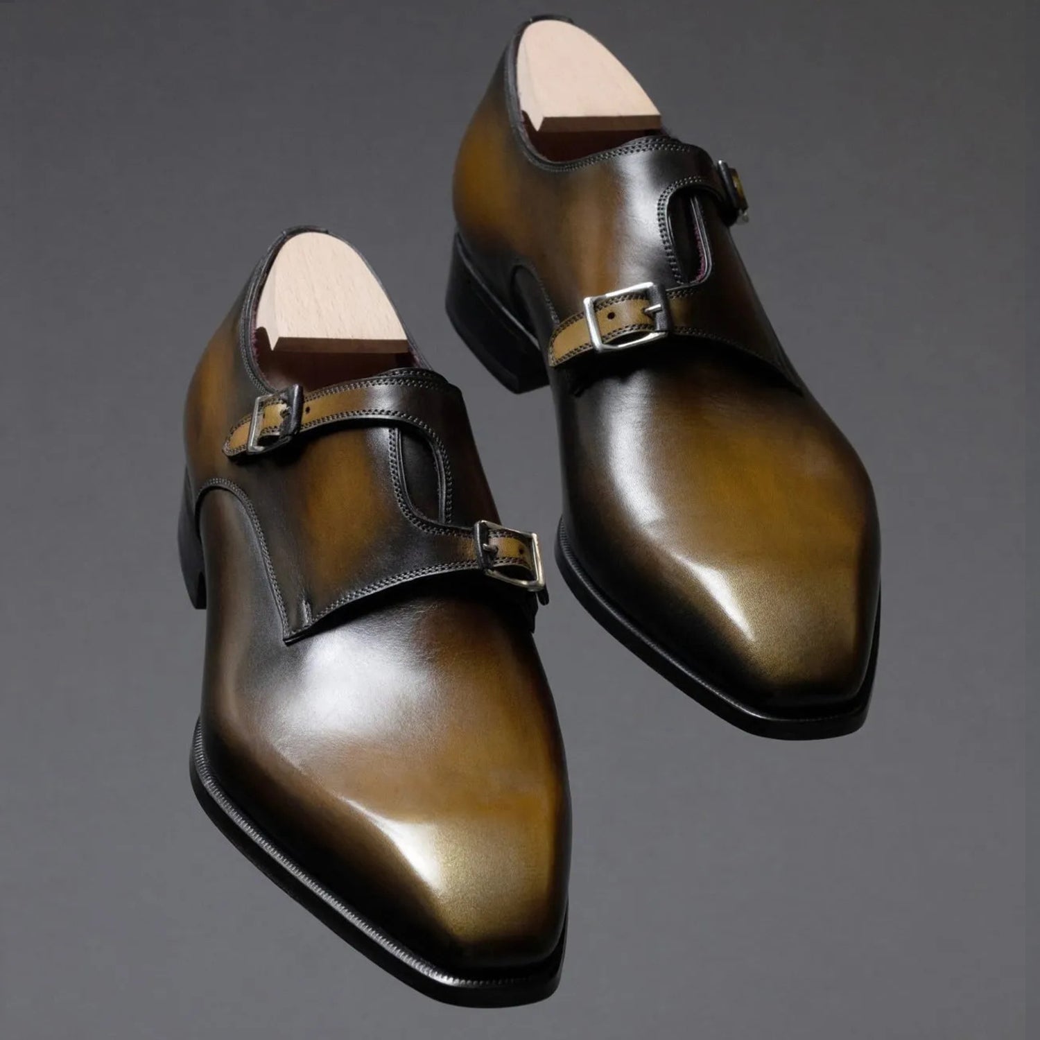 Men's Olive Green Patina Genuine Leather Double Monk Strap Formal Shoes | Luxury Handcrafted Dress Shoes for Wedding, Office & Business