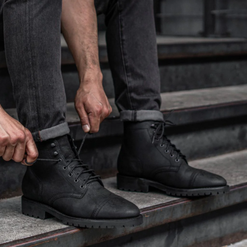 Black Matte Welt Boots with tough black matte leather, Goodyear welt construction, glove leather lining, antimicrobial insoles, Kevlar® blend laces, steel shanks, reinforced eyelets, cork-bed midsoles, and studded rubber outsoles.

