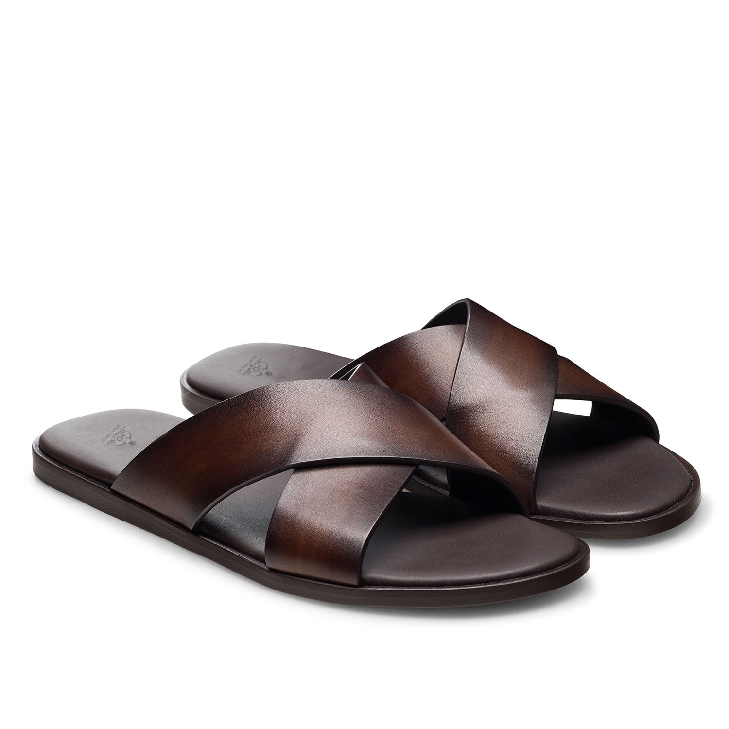 Men’s Brown Leather Cross Strap Slip-On Sandals – Top View
