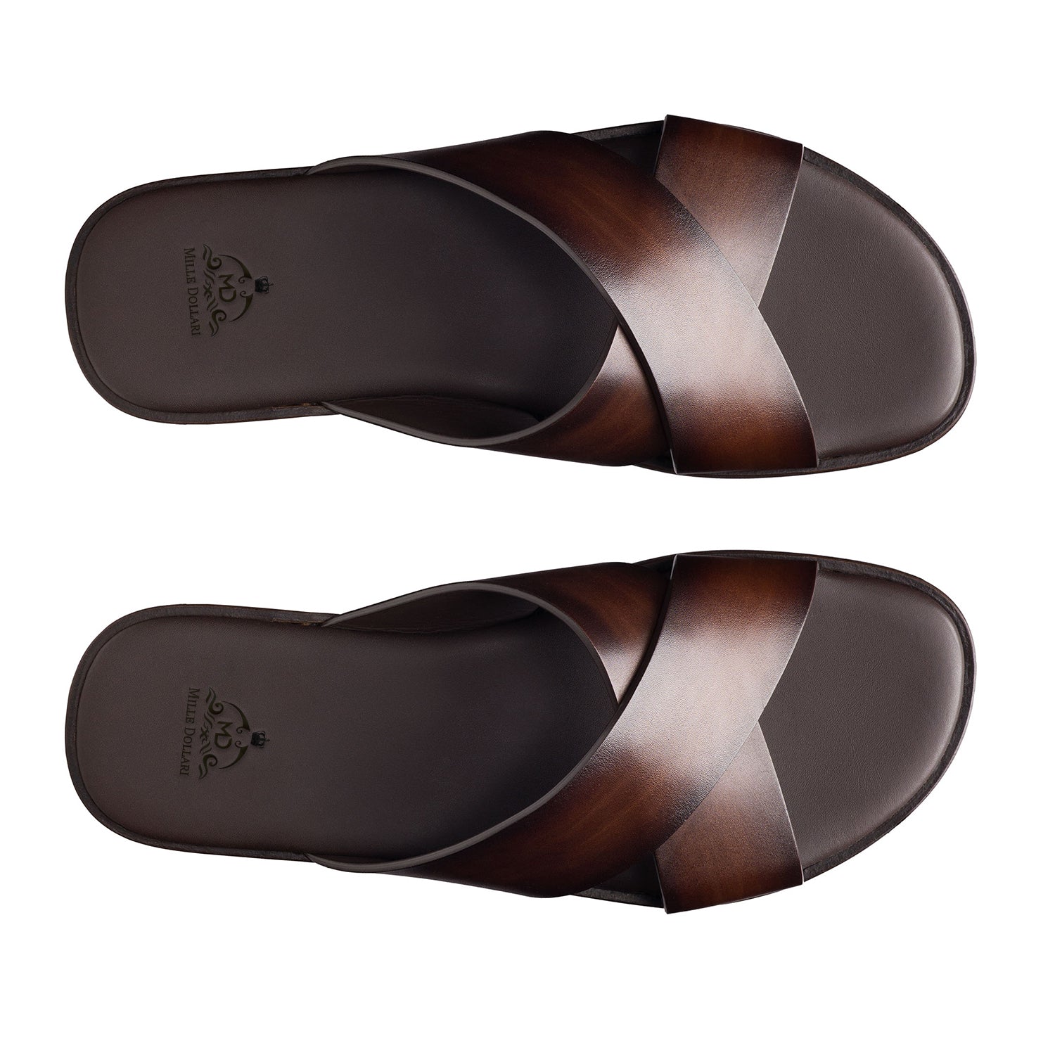 Men’s Brown Leather Cross Strap Slip-On Sandals – Top View