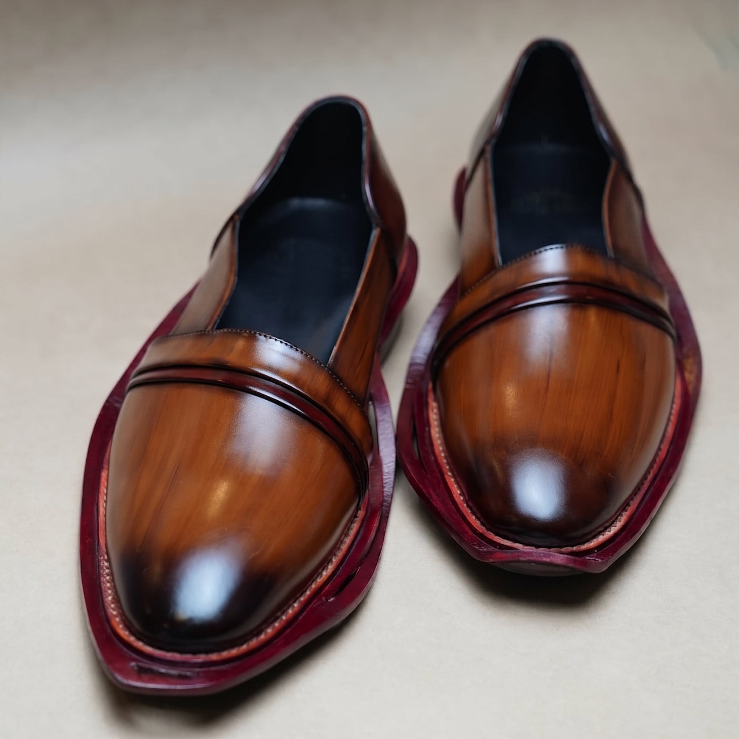 Tan Burnished Slip-On Mule Loafers with Maroon Sole for Men