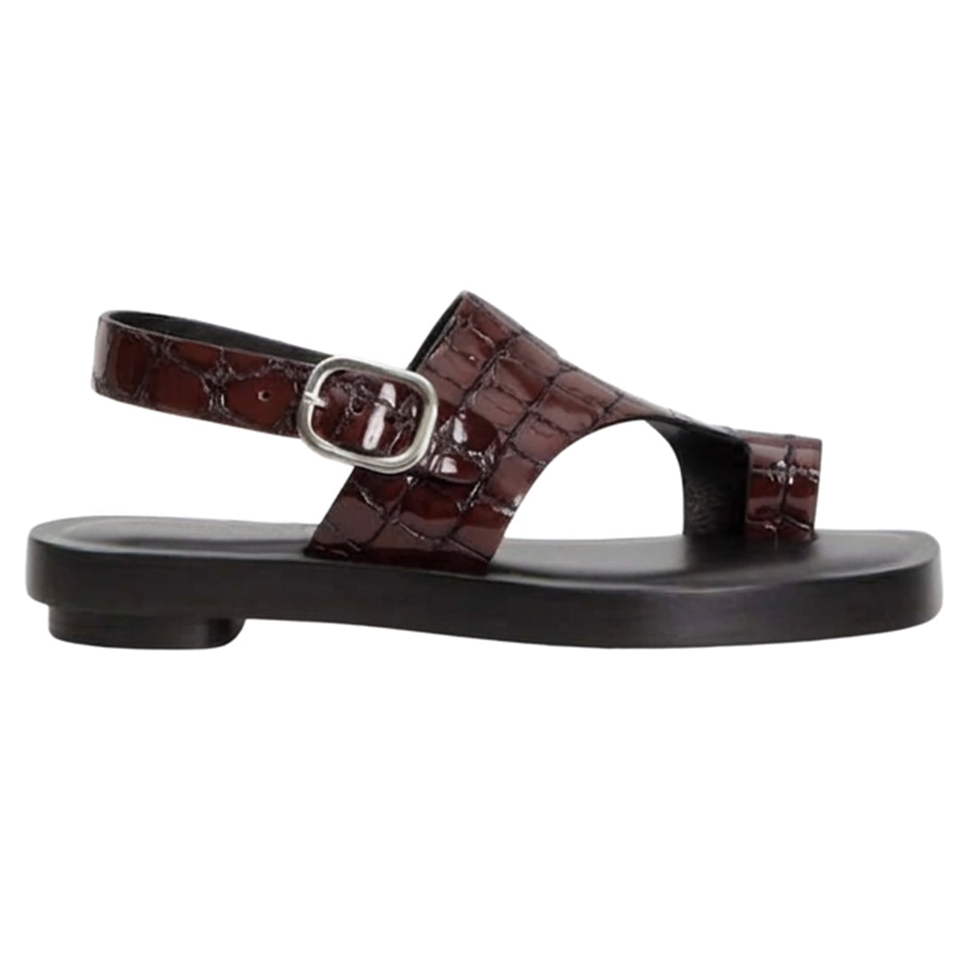 Brown Croc-Texture Slingback Sandals | Stylish Toe-Ring Flats for Women