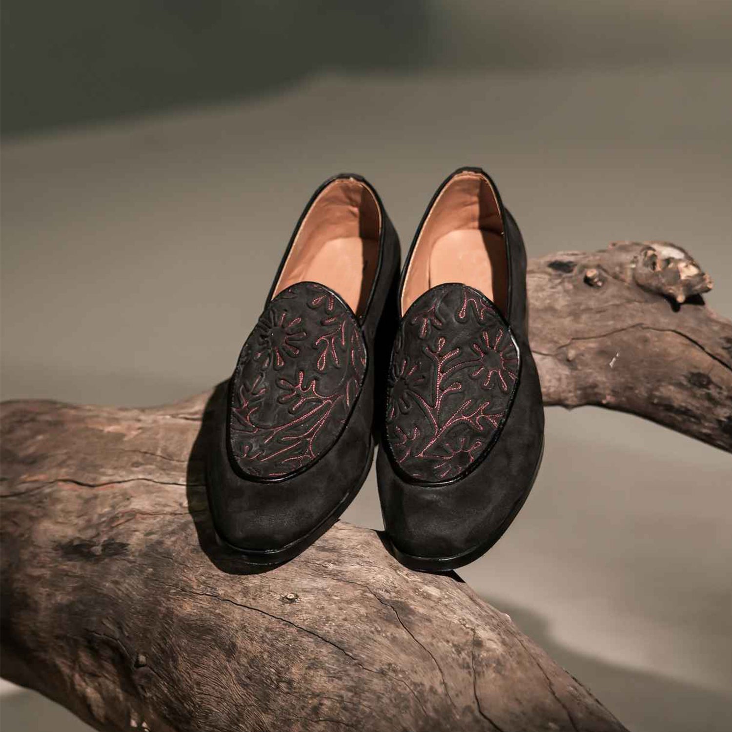 Classic Black Leather Loafers with Embroidered Detailing