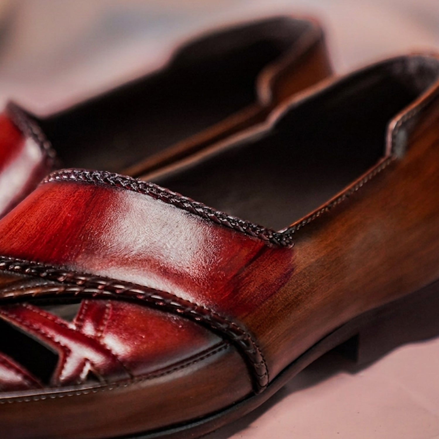 Luxury Hand-Painted Leather Loafers for Men – Burgundy & Brown Designer Slip-On Shoes